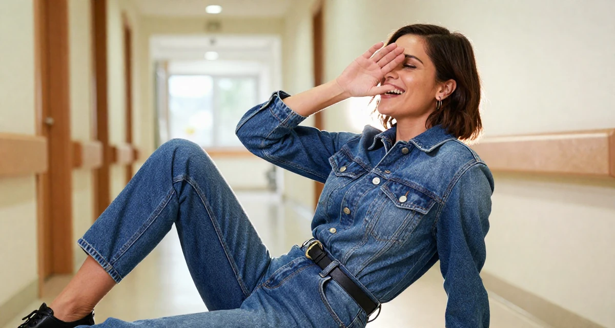 A steady Female From Thessaloniki Greece, majored in international economics in their 44, building a second stream of passive income, wearing a fashionable denim on denim, covering a laugh with one hand in a hospital corridor.