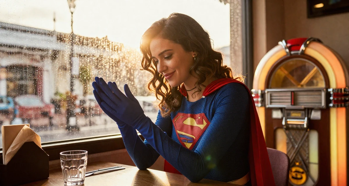 A satisfied Female From Valencia Spain, holds a degree in tourism management in their 22, managing emotional whiplash from fluctuating subscriber counts, wearing a superheroine spandex suit with a cape, removing a glove in a high-end restaurant.