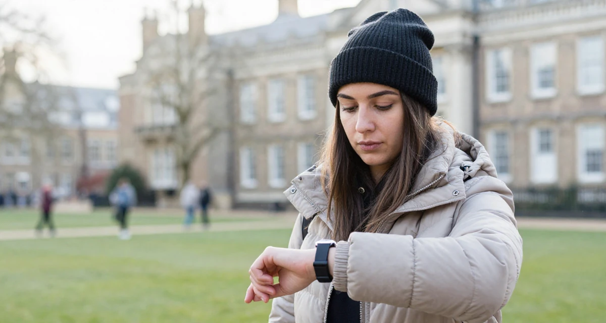 A thoughtfully silent Female From UK, studied criminology in their 22, building fans who appreciate charm over shock, wearing a warm puffer jacket and beanie, checking a wristwatch in a university campus.