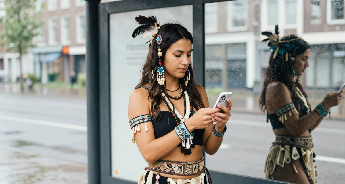 A settled Female From the Netherlands, based in Utrecht, graduated from a creative academy majoring in UX design in their 30, experimenting with bold fashion choices, wearing a tribal shaman outfit with feathers and bones, examining a product in a bus stop in the rain.