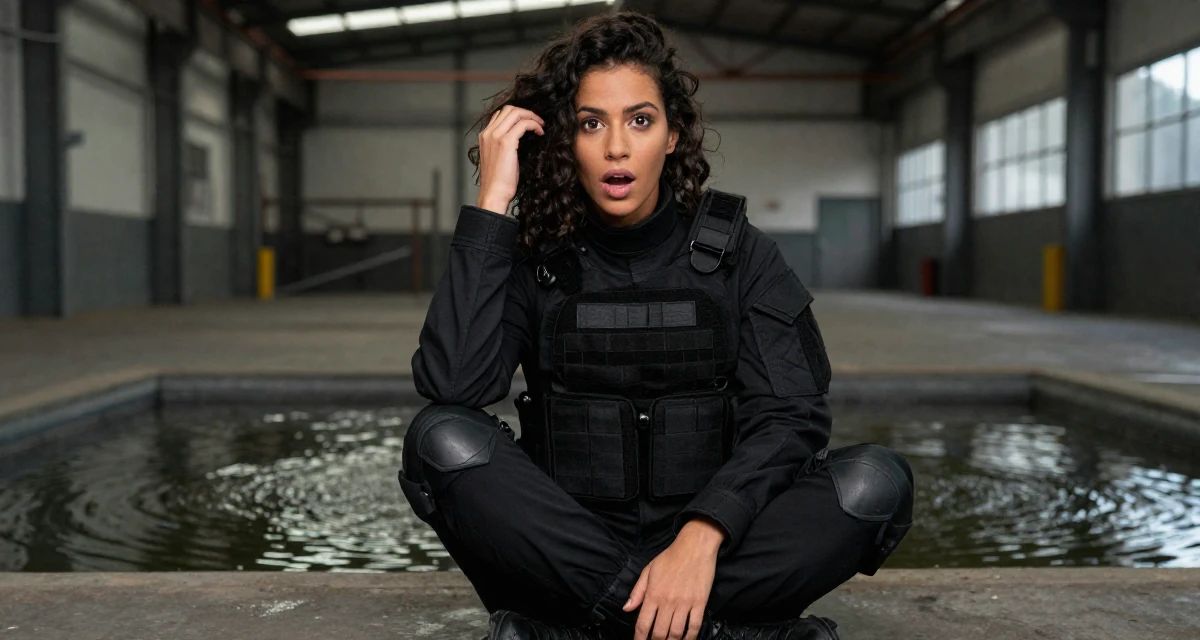A surprised Female Raised in Brazil, majored in multimedia arts in their 36, focusing on mental health and mindfulness, wearing a special forces tactical suit in matte black, pushing hair from face in a industrial warehouse.