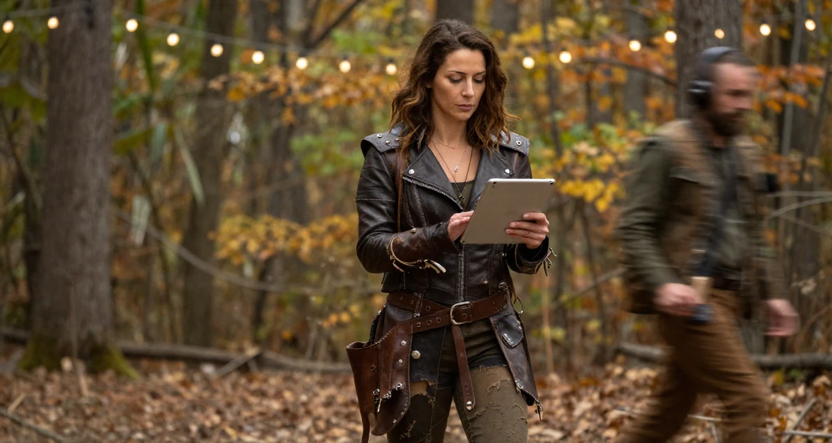 A quiet Female From USA, majored in journalism and media studies in their 38, handling long working hours, wearing a post-apocalyptic scavenger outfit with distressed leather, holding a tablet device in a autumn forest.