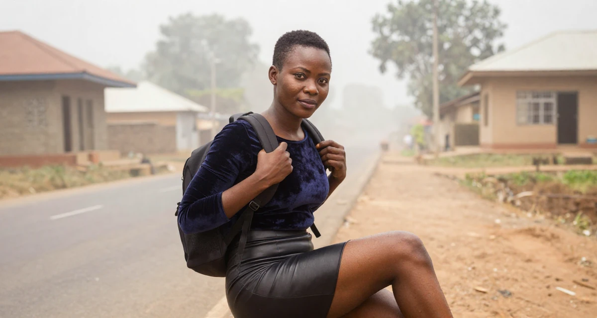 A sincere Female From Nigeria, studied biomedical science in their 45, documenting the renovation of a vacation home, wearing a fitted velvet top and a leather skirt, adjusting a backpack strap in a country road.