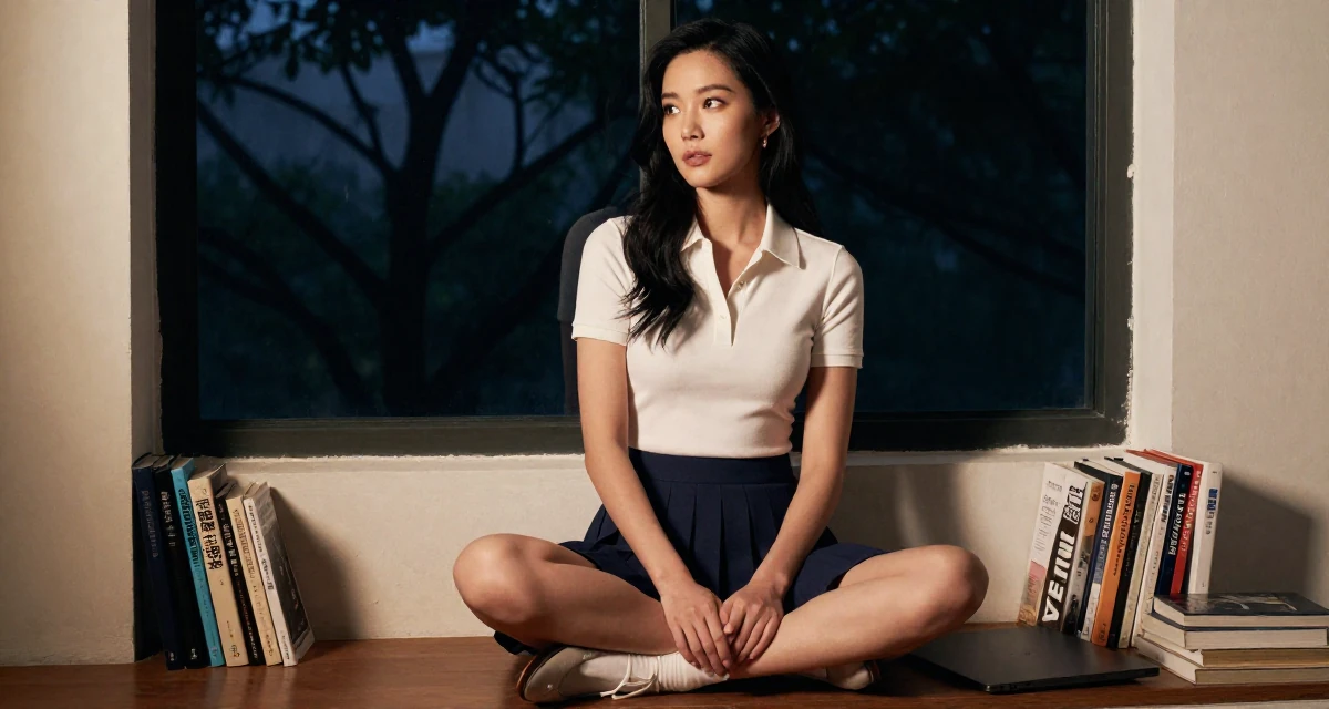 A sensual Female From Hong Kong, studied digital media arts in their 22, crafting content at midnight after work shifts, wearing a short pleated skirt and a tight polo shirt, glancing sideways in a cozy reading nook by a window.