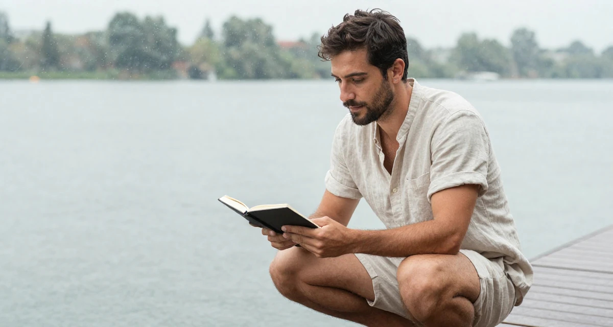 A observant male From Spain, based in Valencia, graduated from a communication institute majoring in digital storytelling in their 23, investing more time in self-marketing, wearing a short romper made of soft linen fabric, holding a notebook in a serene lakeside dock.