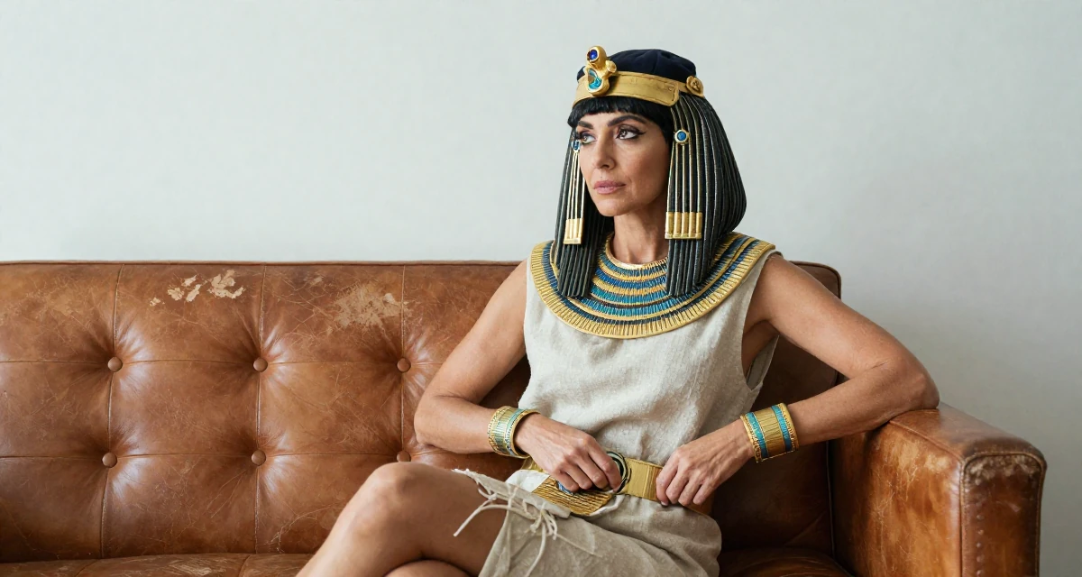 A aloof but intriguing Female Former hotel concierge, now offering luxury-inspired lifestyle content in their 47, navigating the challenges of the sandwich generation, wearing a egyptian queen costume with gold collar and linen, adjusting a belt in a recording booth.