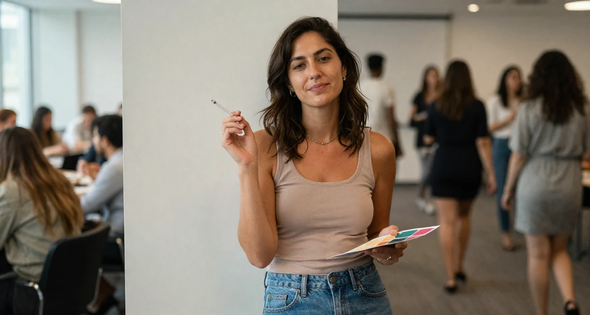A sympathetic Female Former spa receptionist, now blending beauty with calm-aesthetic content in their 25, experimenting with color palettes that feel sensual, wearing a simple tank top and jeans, holding a cigarette (lit or unlit) in a conference room.