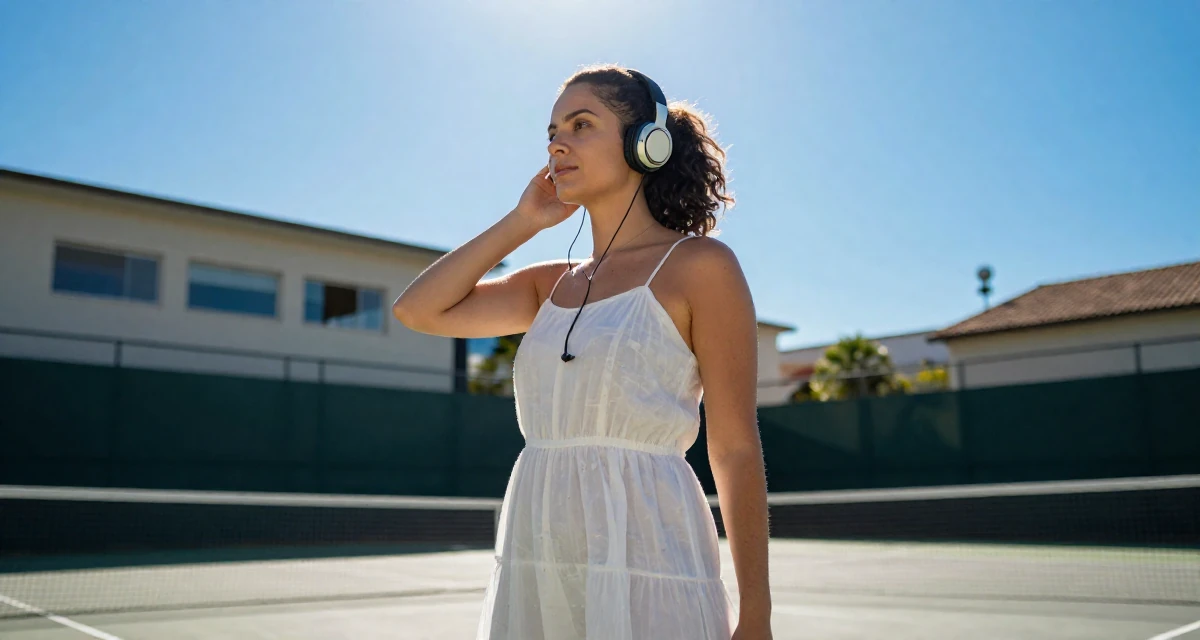 A assured Female From Brazil, graduated in tourism management in their 44, building a second stream of passive income, wearing a semi-sheer white sundress backlit by the sun, listening to music with headphones in a tennis court.