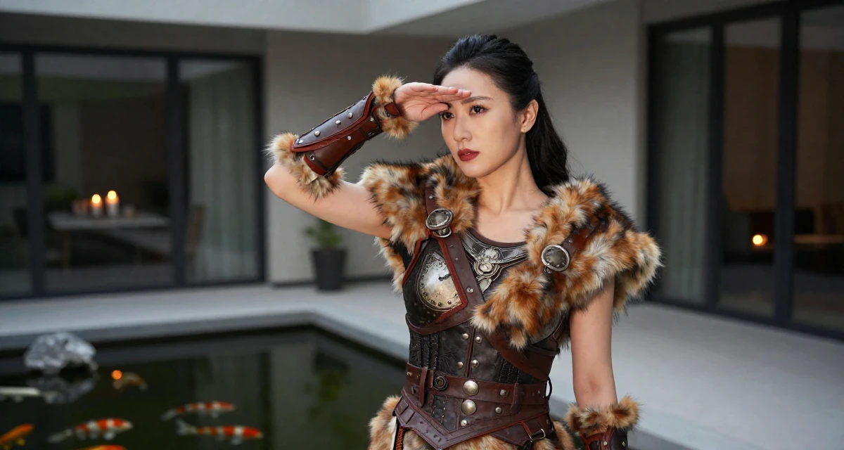 A sophisticated Female From Chinese-speaking regions, studied petroleum economics in their 31, feeling the biological clock or societal pressure, wearing a viking shield-maiden outfit with fur and leather, shading eyes with a hand in a modern apartment.