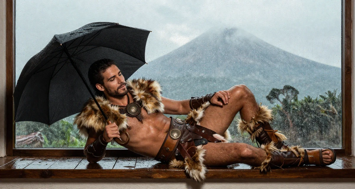 A lighthearted male Grew up in Argentina, majored in audiovisual production in their 22, transitioning to more confident, sensual poses, wearing a barbarian warrior outfit with faux fur and leather, holding an umbrella in a rainy window seat.