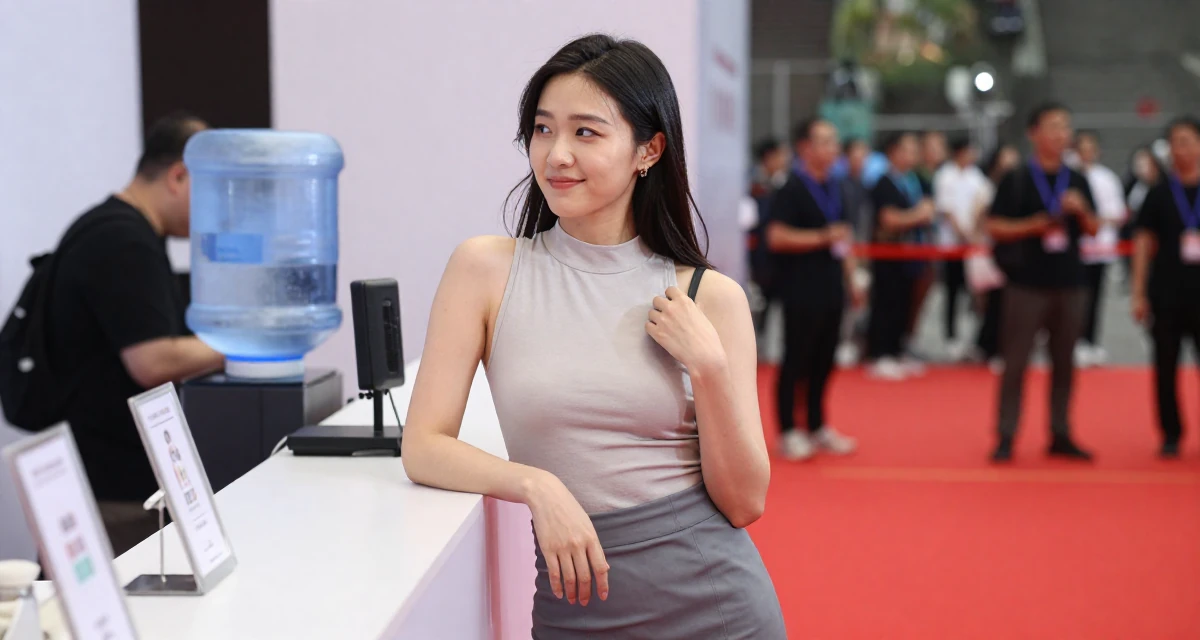 A bright and optimistic Female From Shanghai China, grew up studying dance and digital arts in their 32, looking at the world with a cynical edge, wearing a mock neck sleeveless top and a pencil skirt, adjusting a shoulder strap in a red carpet event.