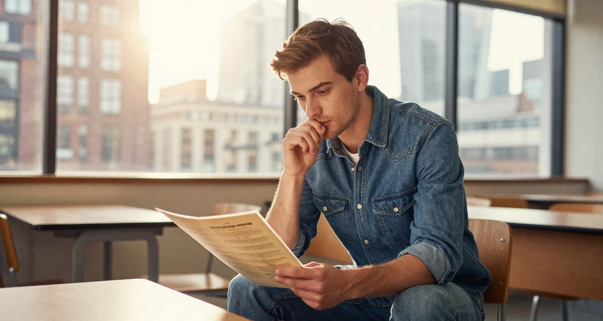 A deeply thinking male From England, majored in philosophy in their 25, realizing 25 is still incredibly young, wearing a fashionable denim on denim, looking at a menu in a classroom setting.