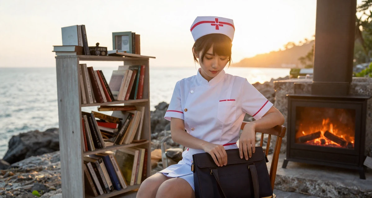 A self-assured Female From Penang Malaysia, studied UI/UX design in their 22, becoming more aware of personal boundaries with fans, wearing a nurse cosplay uniform with a stylized cap, closing a bag in a rocky ocean cliff.