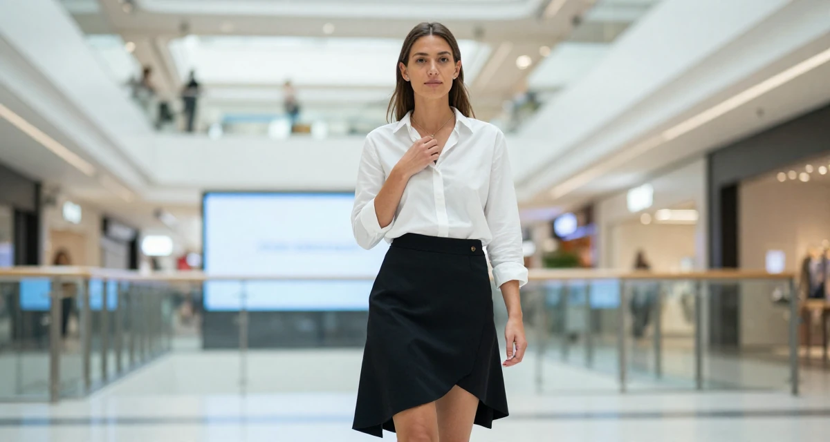 A timid Female From Sweden, majored in industrial engineering in their 30, standing tall with unshakeable dignity, wearing a asymmetrical hem skirt and a crisp white shirt, touching a necklace in a shopping mall atrium.