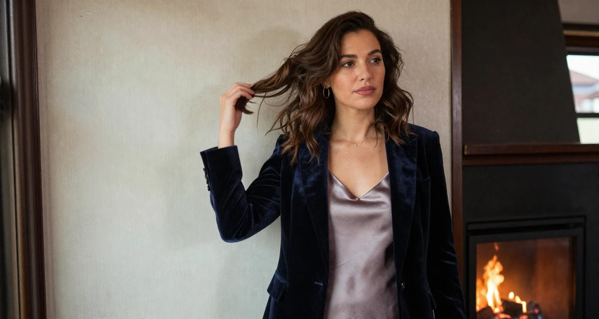 A self-assured Female From USA, studied marketing and consumer behavior in their 23, recovering from early career burnout, wearing a velvet blazer and a silk slip dress, twirling a lock of hair in a train carriage.