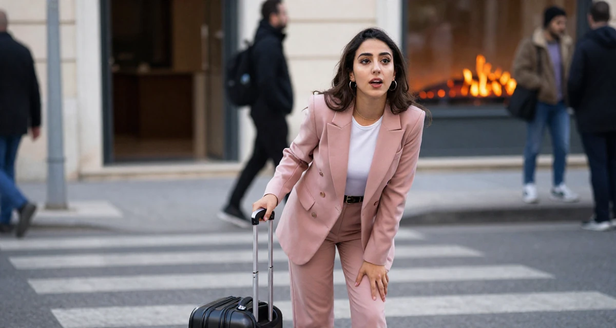 A inspired Female From Tunisia, majored in data science in their 24, handling the transition from student to adult identity, wearing a tailored pantsuit in pastel pink with a white top, pulling a suitcase in a busy crosswalk.