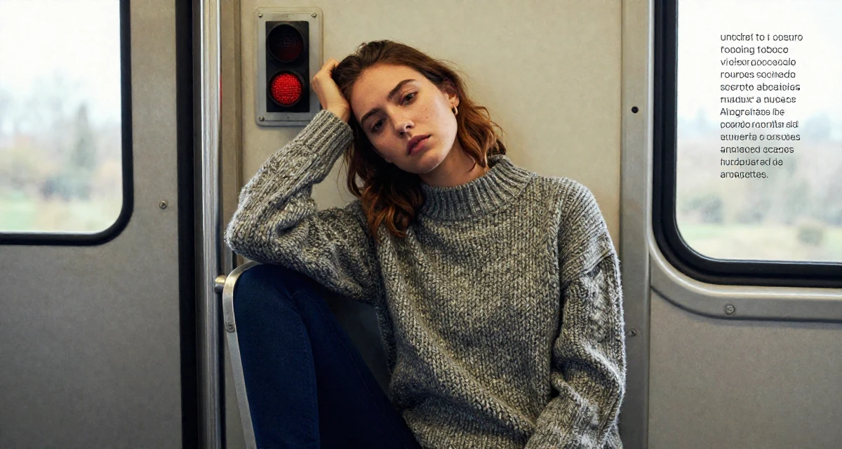 A exhausted Female From Argentina, based in Rosario, graduated from a national university majoring in audiovisual production in their 23, dealing with fluctuating subscriber numbers, wearing a textured wool sweater, waiting for a light to change in a train carriage.