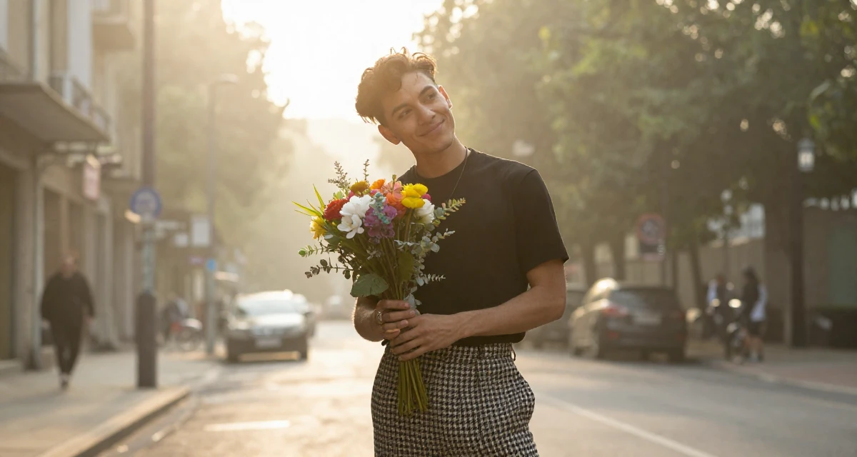 A warmhearted male Former street-dance trainee, now offering choreography-based fan content in their 34, exploring the world of digital art and NFTs, wearing a houndstooth pattern skirt and black top, holding a bouquet in a urban street.