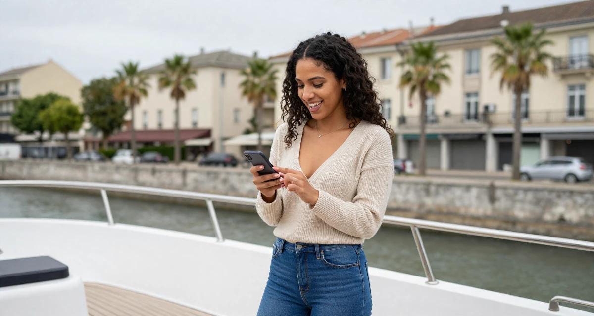A vibrant and alive Female From Luxembourg, studied European business law in their 22, building early fan loyalty through replies and messaging, wearing a plunging v-neck sweater and skinny jeans, inspecting fingernails in a yacht deck.