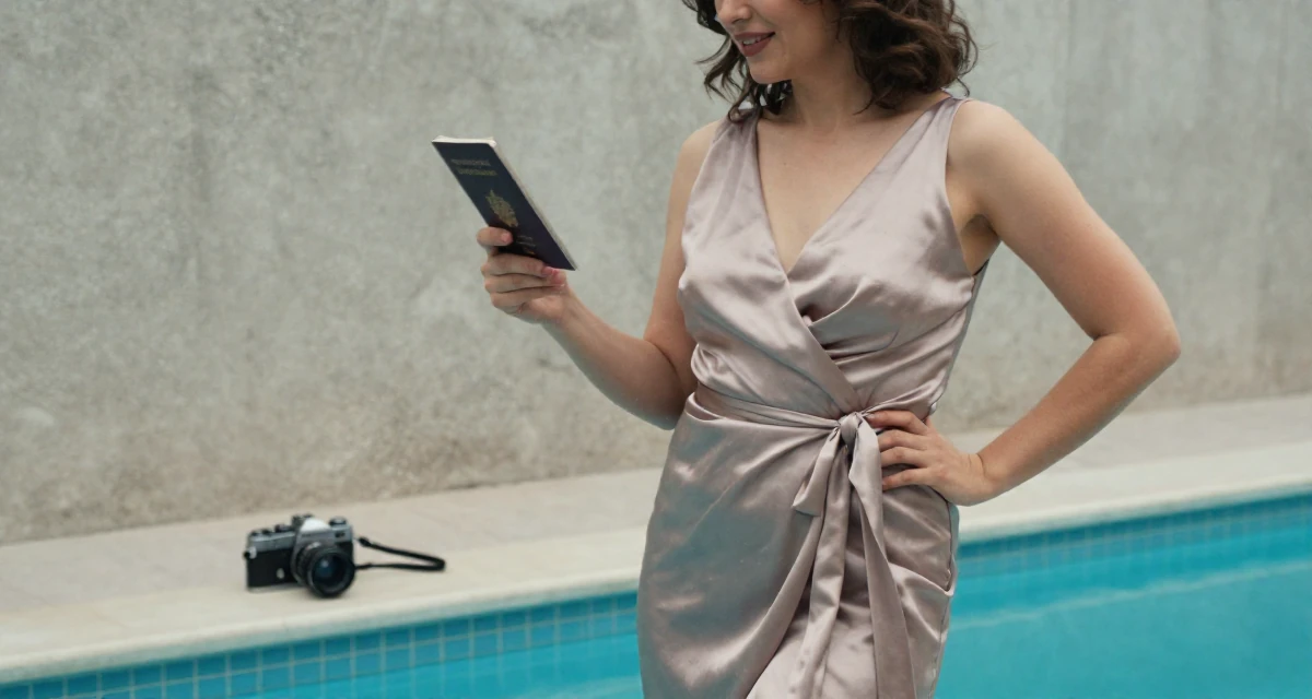 A warmhearted Female From Uzbekistan, majored in information systems in their 29, analyzing every detail of social interactions, wearing a satin wrap dress tied loosely at the waist, holding a passport in a swimming pool.