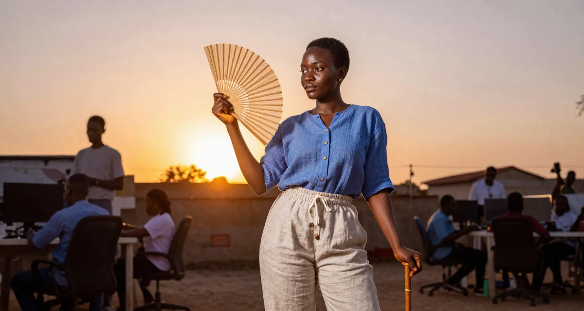 A resolute Female From Nigeria, majored in business communication in their 20, exploring identity through bold fashion choices, wearing a loose-fitting linen trousers, fanning self with a hand in a busy coworking space.