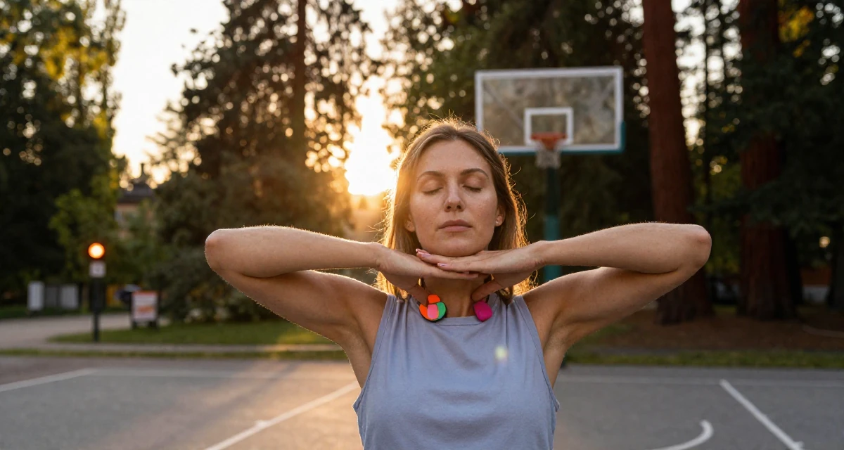 A alluring Female From Stockholm Sweden, holds a degree in product design in their 45, focusing on mental clarity and meditation, wearing a pop of color accessory look, stretching arms after waking in a basketball court.