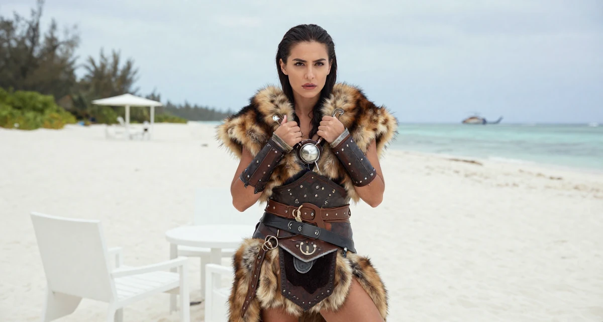 A engrossed Female Raised in Kazakhstan, majored in global business in their 28, mastering the art of work-life boundaries, wearing a viking shield-maiden outfit with fur and leather, gripping a lapel in a tropical white sand beach.