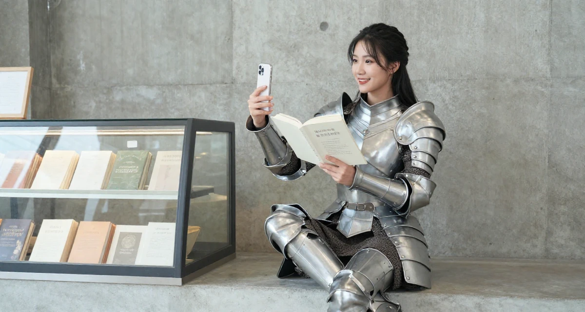 A hopeful Female From China, holds a degree in human resource management in their 34, reviewing books and sharing reading lists, wearing a fantasy warrior princess armor made of silver metal, posing for a selfie in a bakery counter.
