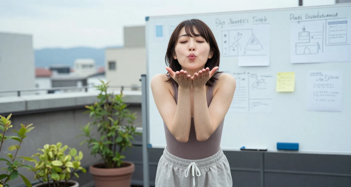 A thoughtful Female From Japan, based in Osaka, graduated from a local college majoring in marketing in their 23, experimenting with playful facial expressions, wearing a high-cut bodysuit paired with loose jogging bottoms, blowing a kiss in a rooftop garden.