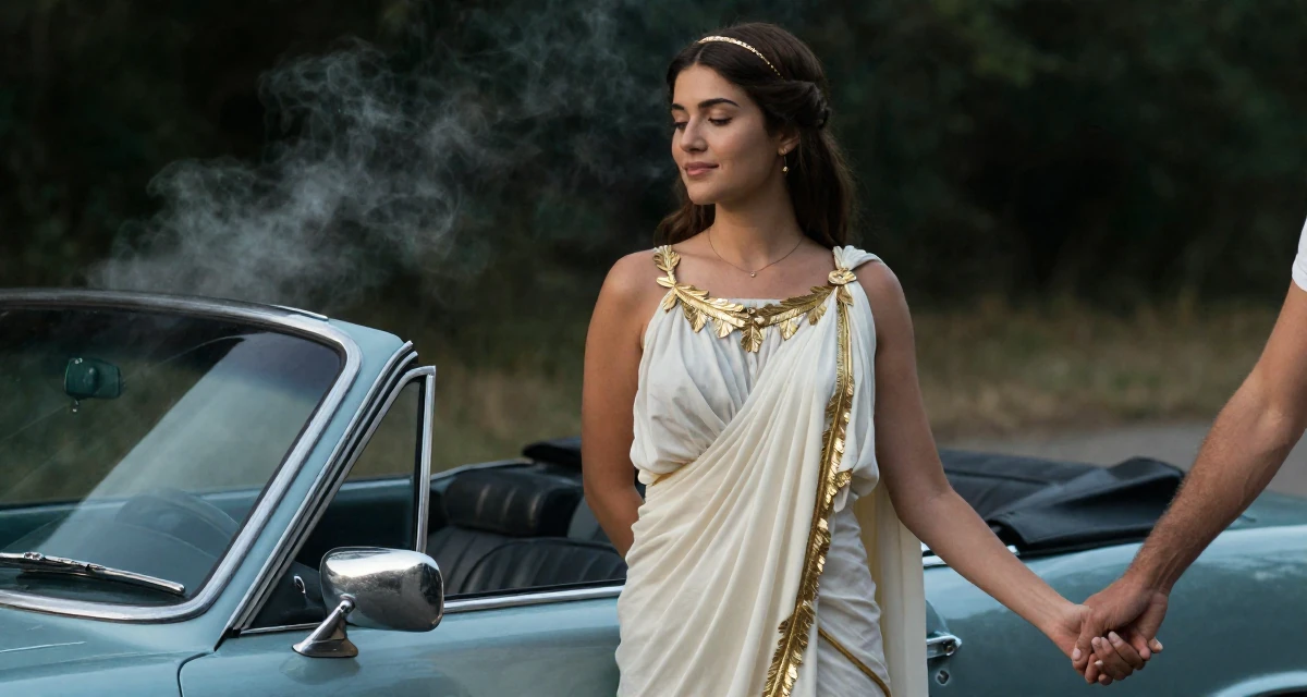 A serene and peaceful Female Once a junior bar worker, now a nightlife-themed creator in their 26, searching for a partner with shared values, wearing a greek goddess toga with gold leaf accessories, holding hands with someone unseen in a vintage convertible car.
