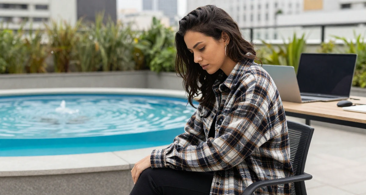 A reflective Female From Brazil, studied logistics engineering in their 22, feeling like a small fish in a big corporate pond, wearing a cozy oversized flannel, looking down at the ground shyly in a rooftop garden.