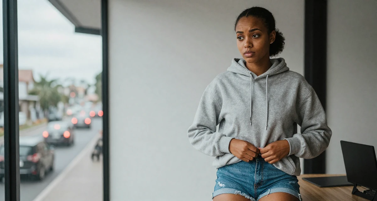 A settled Female Raised in Kenya, studied digital entrepreneurship in their 22, worrying about real-life friends discovering the account, wearing a casual hoodie and denim shorts, buttoning a jacket in a modern apartment.
