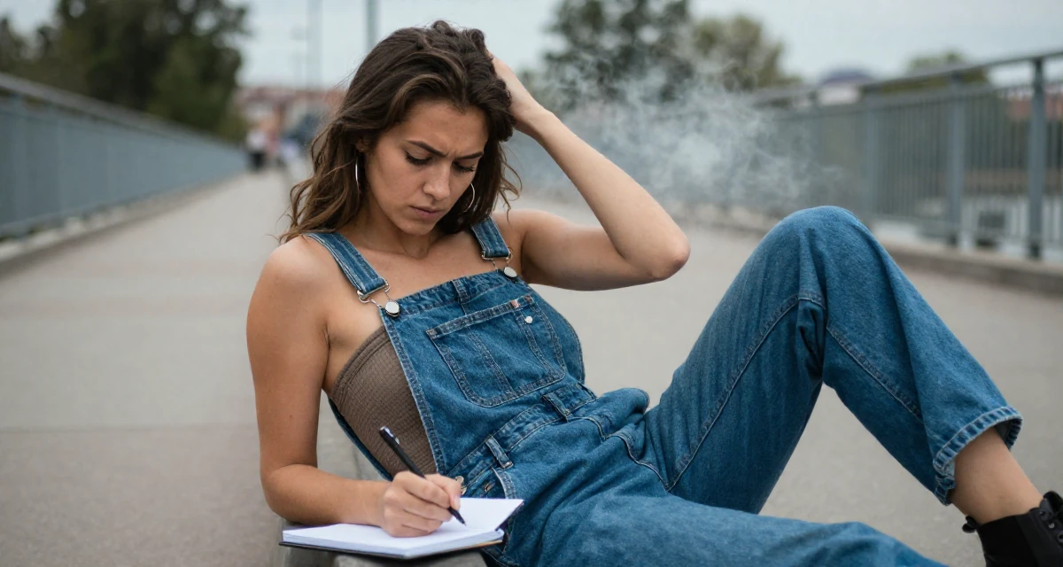 A determined Female From Bulgaria, based in Varna, graduated from an arts college majoring in atmospheric performance aesthetics in their 25, learning how poses can feel powerful instead of scary, wearing a tube top and oversized denim overalls with one strap down, writing in a notebook in a bridge walkway.
