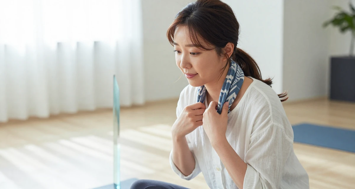 A sympathetic Female From Korea, studied film directing in their 22, preparing for upcoming graduation requirements, wearing a relaxed vacation shirt, adjusting a scarf in a yoga studio.