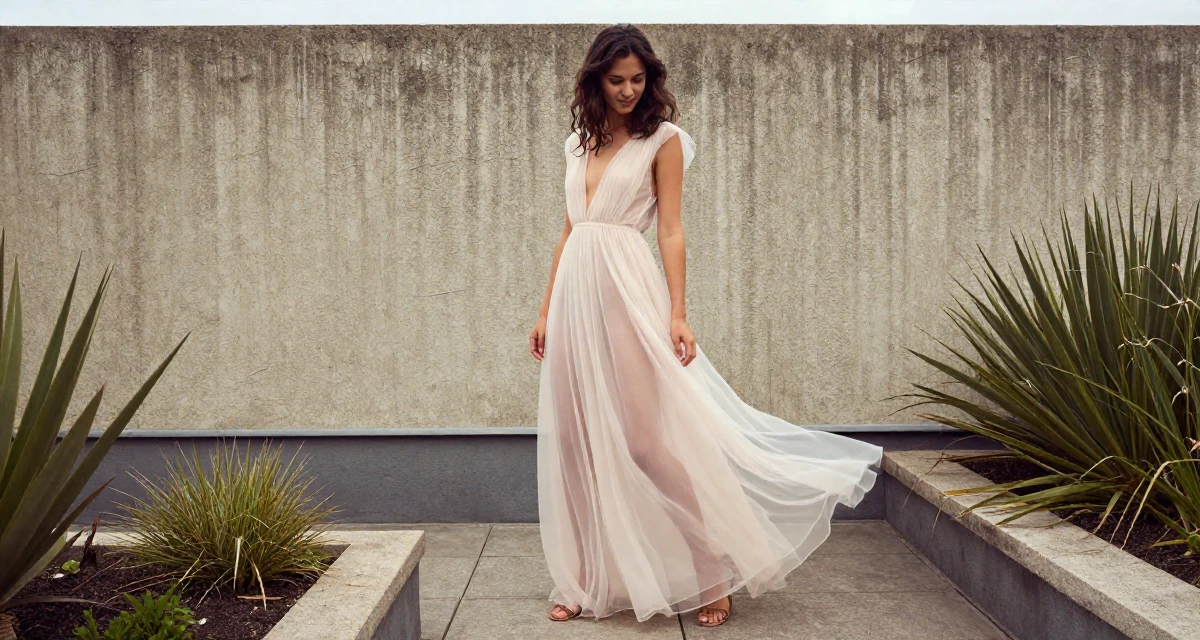 A amused Female From Lisbon Portugal, majored in digital communication in their 22, navigating competitive academic environments, wearing a ethereal spirit dress made of flowing sheer chiffon, looking down at the ground shyly in a rooftop garden.