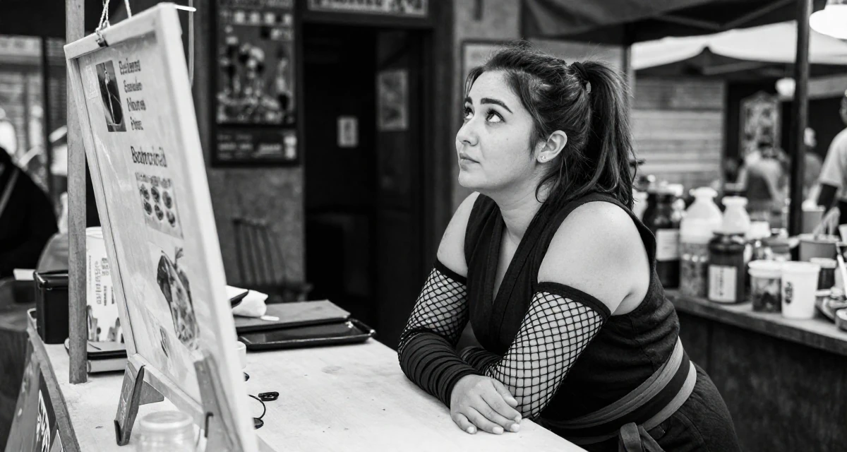 A nostalgic Female Once a logistics coordinator, now creating body-positivity material in their 22, dealing with inconsistent income month to month, wearing a ninja kunoichi outfit with fishnet details, gazing at the sky in a home interior.