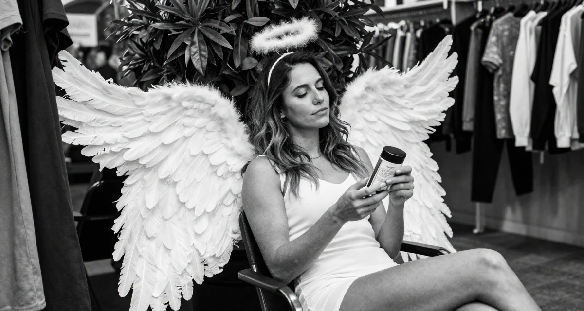 A peaceful Female Previously a paramedic trainee, now focusing on fitness and resilience content in their 42, sharing the reality of executive burnout, wearing a angel costume with large feathered wings and a halo, examining a product in a clothing boutique.