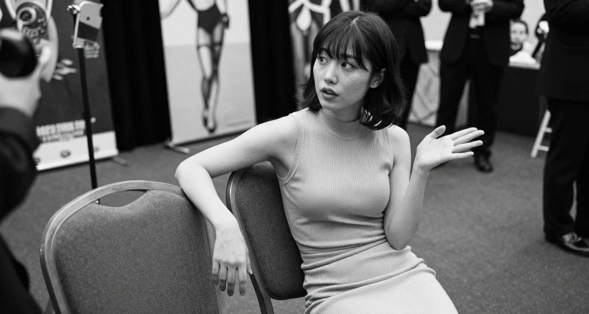 A zoned out Female From Osaka Japan, learned cosplay craftsmanship and character styling in their 22, mastering the art of subtle teasing through framing, wearing a fitted ribbed dress, gesturing while talking in a red carpet event.