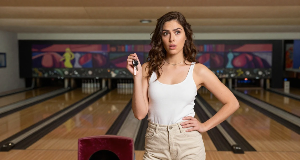 A subtly surprised Female Once a swimwear shop clerk, now modeling her own collections in their 32, looking at the world with a cynical edge, wearing a minimalist everyday clothing, holding a set of keys in a bowling alley.