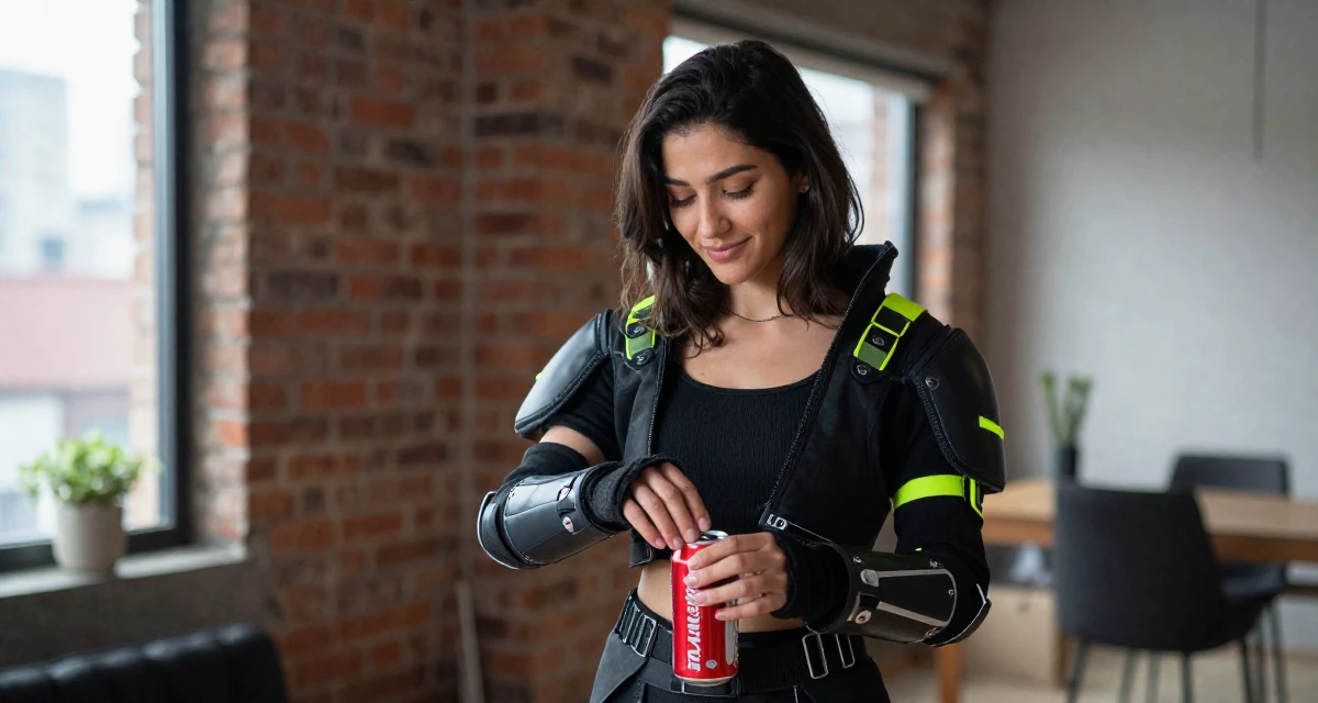 A smiling gently Female Grew up in Nepal, majored in marketing analytics in their 21, feeling the anxiety of impending graduation, wearing a cyberpunk street samurai gear with neon accents, opening a soda can in a loft apartment with brick walls.