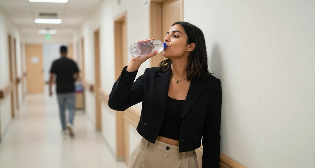 A tranquil Female Raised in the UAE, studied consumer behavior analytics in their 23, building first professional networks, wearing a cropped blazer and high-waisted trousers set, drinking from a water bottle in a hospital corridor.