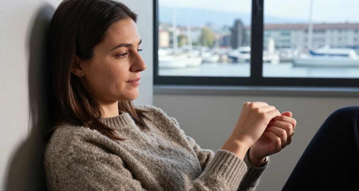 A composed Female From Switzerland, based in Geneva, graduated from a local university majoring in communication management in their 25, feeling established in their chosen field, wearing a textured wool sweater, fixing a cufflink in a office break room.
