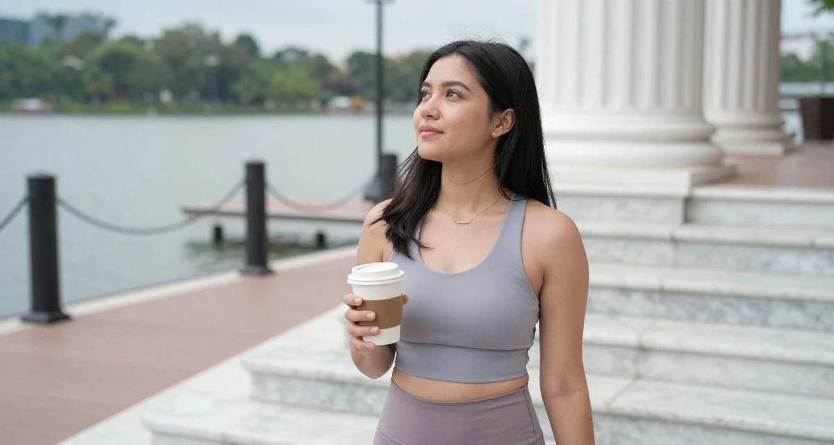 A quietly confident Female From Malaysia, majored in international business in their 22, adjusting to the 9-to-5 routine after college, wearing a sporty athleisure look, holding a cup of coffee in a lakeside dock.