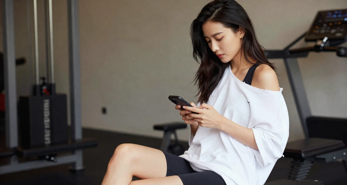 A relaxed Female From Chinese-speaking regions, majored in marketing analytics in their 26, chasing the digital nomad lifestyle dream, wearing a oversized white shirt worn off one shoulder and biker shorts, typing a message in a gym interior.
