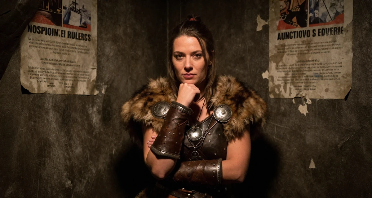 A charming Female From Germany, based in Düsseldorf, graduated from a design university majoring in atmospheric visual storytelling in their 23, decoding the unwritten rules of corporate life, wearing a viking shield-maiden outfit with fur and leather, fiddling with a necklace in a dungeon cell.