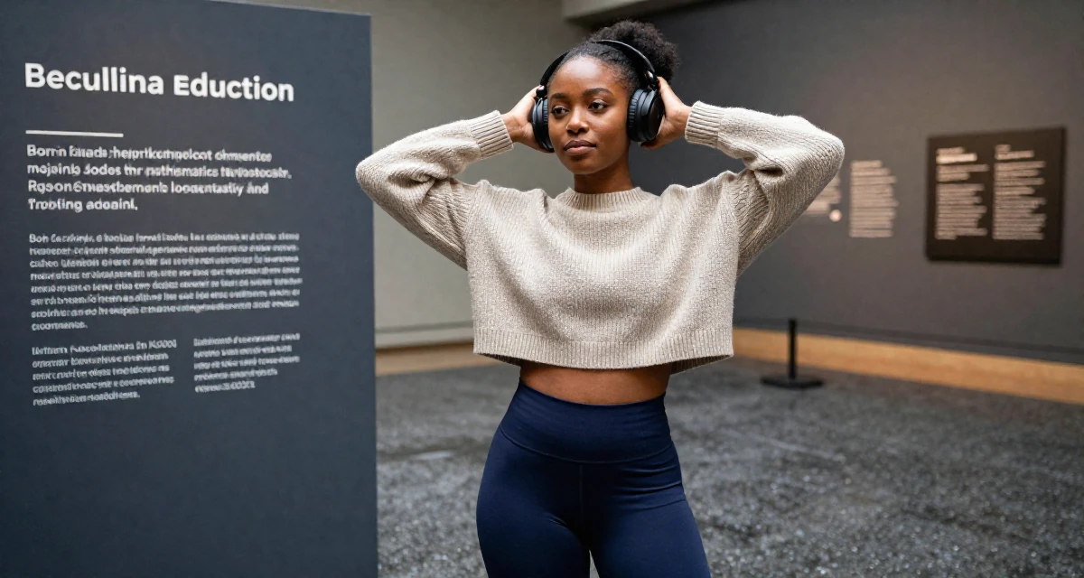 A content Female Born in Kenya, majored in mathematics education in their 23, handling occasional negative comments professionally, wearing a cropped knitted sweater and form-fitting yoga pants, listening to music with headphones in a museum exhibit.
