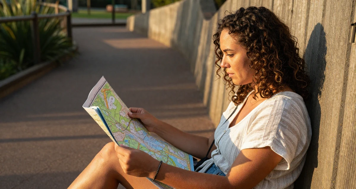 A aloof Female From Australia, trained in photography and visual arts in their 25, handling pressure from family expectations, wearing a breezy summer vacation outfit, looking at a map in a zoo pathway.