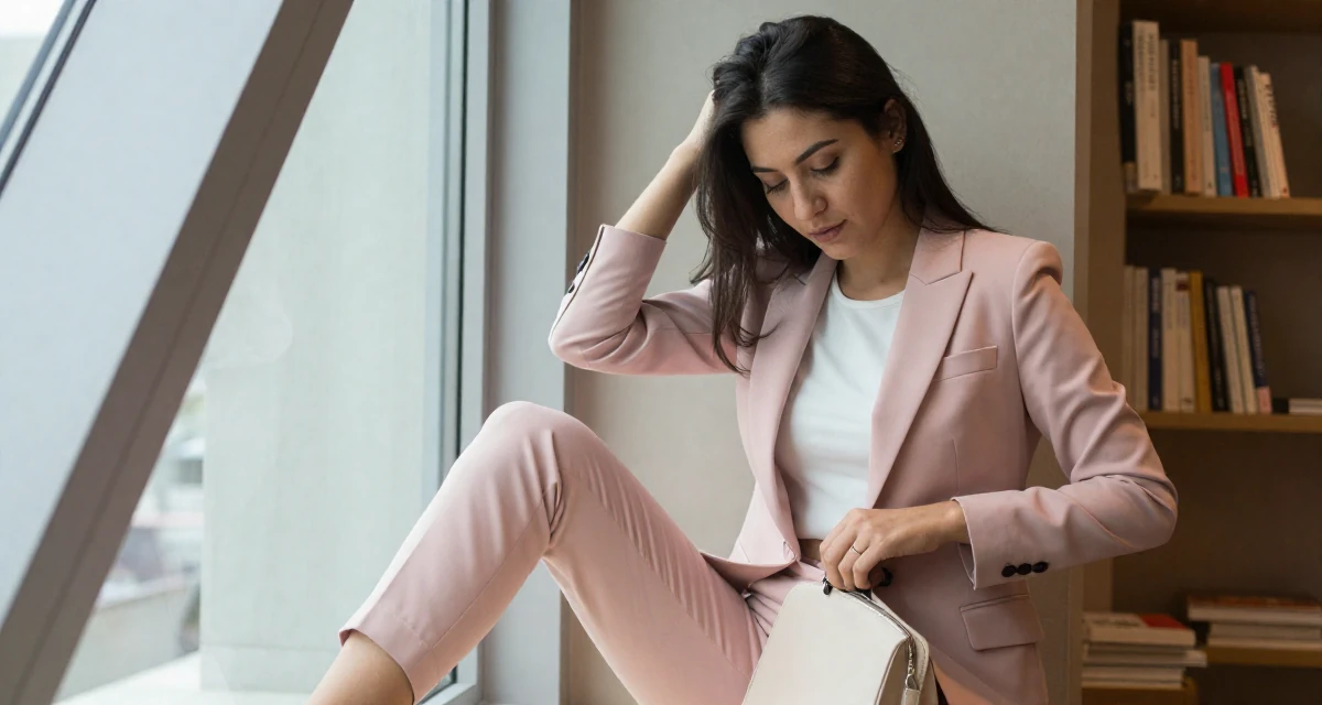 A relaxed Female Previously a chemistry student, now shooting artistic self-portrait content in their 22, adapting to the shift from school to full-time work, wearing a tailored pantsuit in pastel pink with a white top, zipping up a bag in a cozy reading nook by a window.