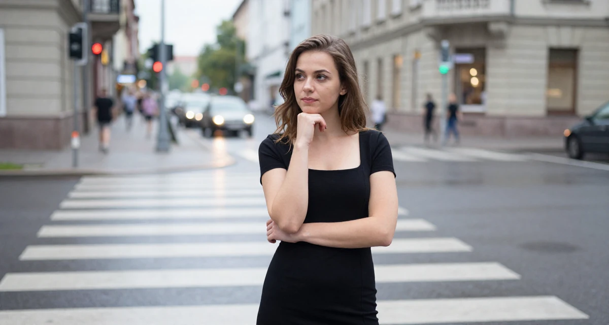 A relaxed and observant Female From Warsaw Poland, studied social psychology in their 31, re-evaluating long-term career goals, wearing a fitted black dress with a square neckline, resting a chin on a hand in a busy crosswalk.