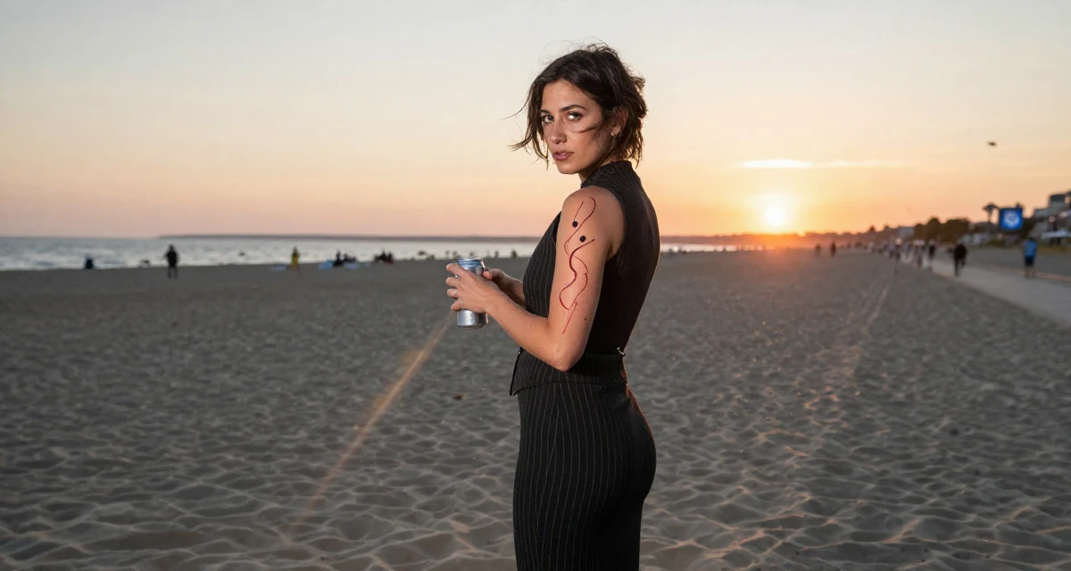 A focused and sharp Female From Berlin Germany, explored body art and alternative fashion scenes in their 24, exploring opportunities for self-expression, wearing a pinstripe pencil skirt and a matching vest top, opening a soda can in a beach promenade.